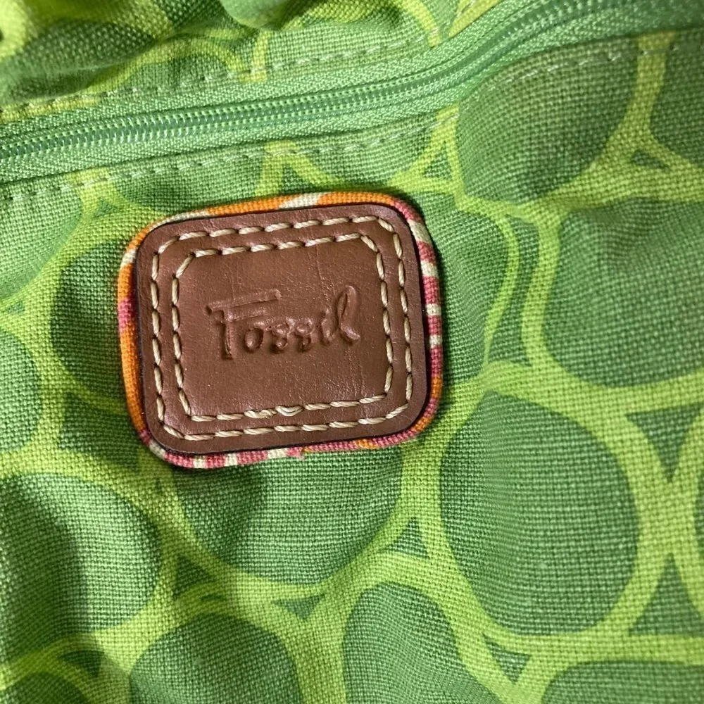 Womens Vintage Fossil‎ Canvas Handbag Leather Handles Green 12 x 15